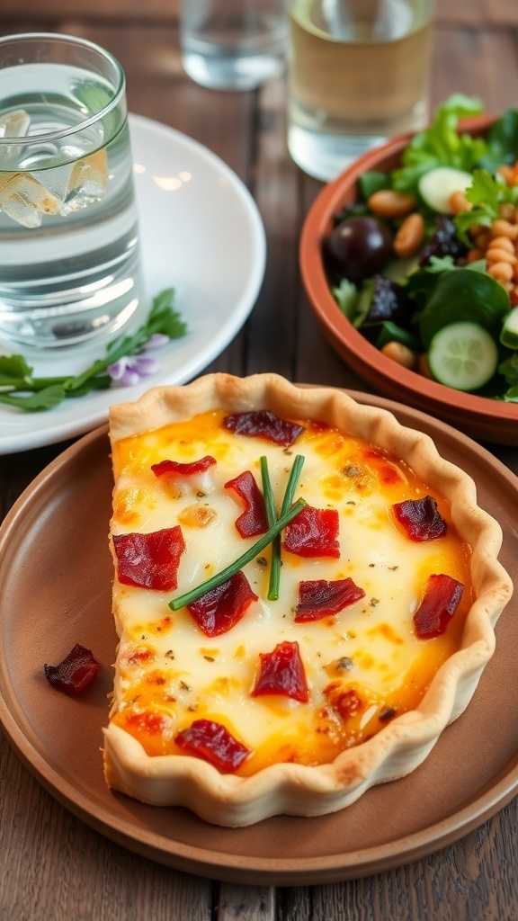 A slice of Quiche Lorraine with bacon and cheese on a wooden table, garnished with chives.
